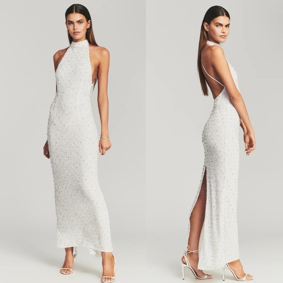 Retrofete Olivia Hand Beaded Sequin Halter Open Back Gown White NEW with tags - Picture 3 of 16
